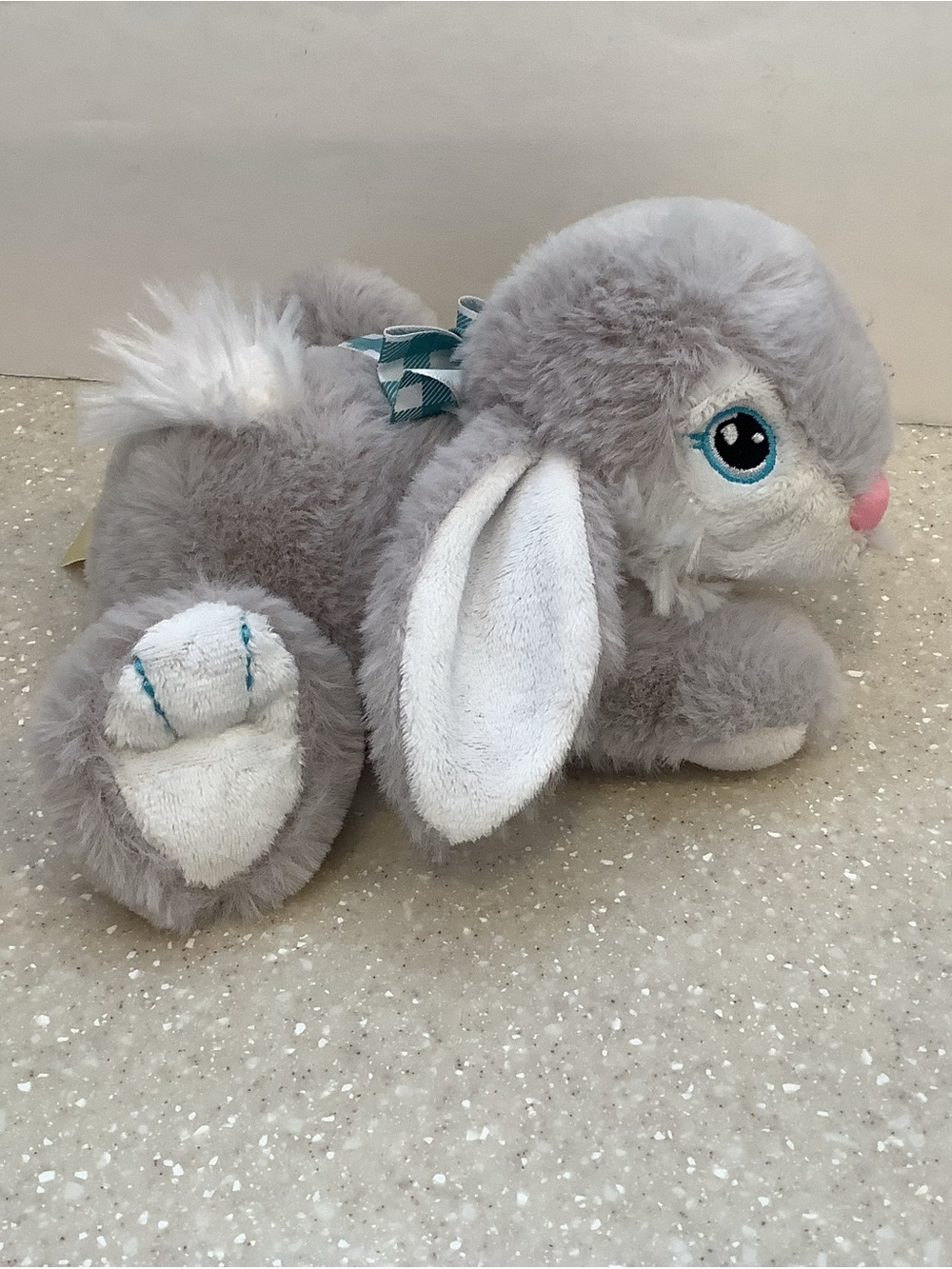 Walmart Plush Gray Bunny Rabbit Stuffed Animal Embroidered Blue Eyes Gingham Bow
